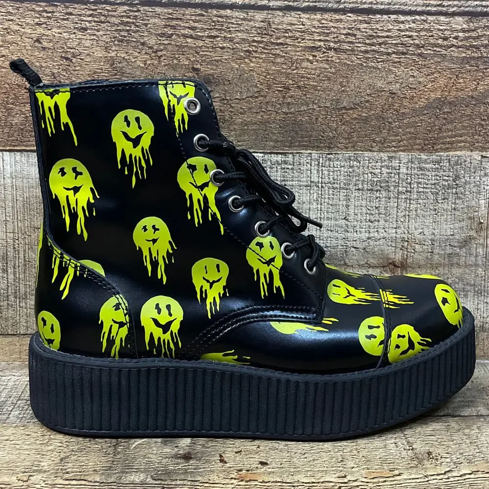 NEW T.U.K Happy Trip Smiley 7 Eye Viva Mondo Creeper Combat Boots Black SZ 10